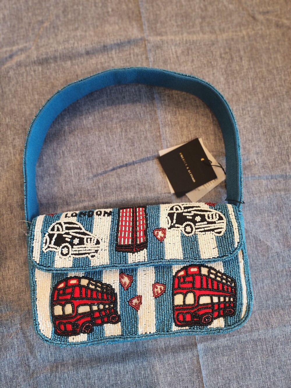 NWT Beaded London Is Calling Bus & Taxi Shoulder Bag - Blue, Red, White Strippe